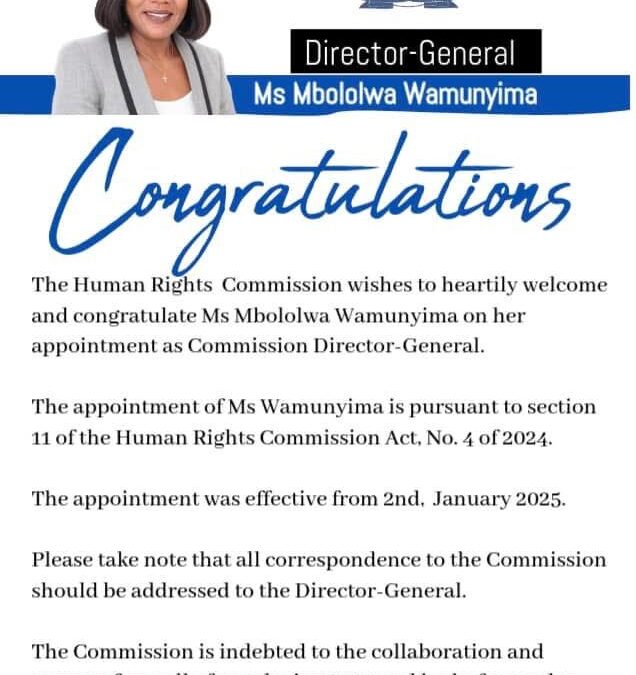 Appointment of Ms. Mbololwa Wamunyima as Commission Director-General.